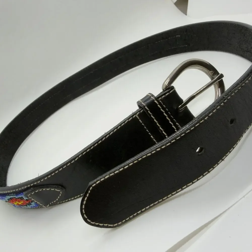 Vintage Beaded Leather Belt SouthWestern Black Sz 30 Native American Handmade